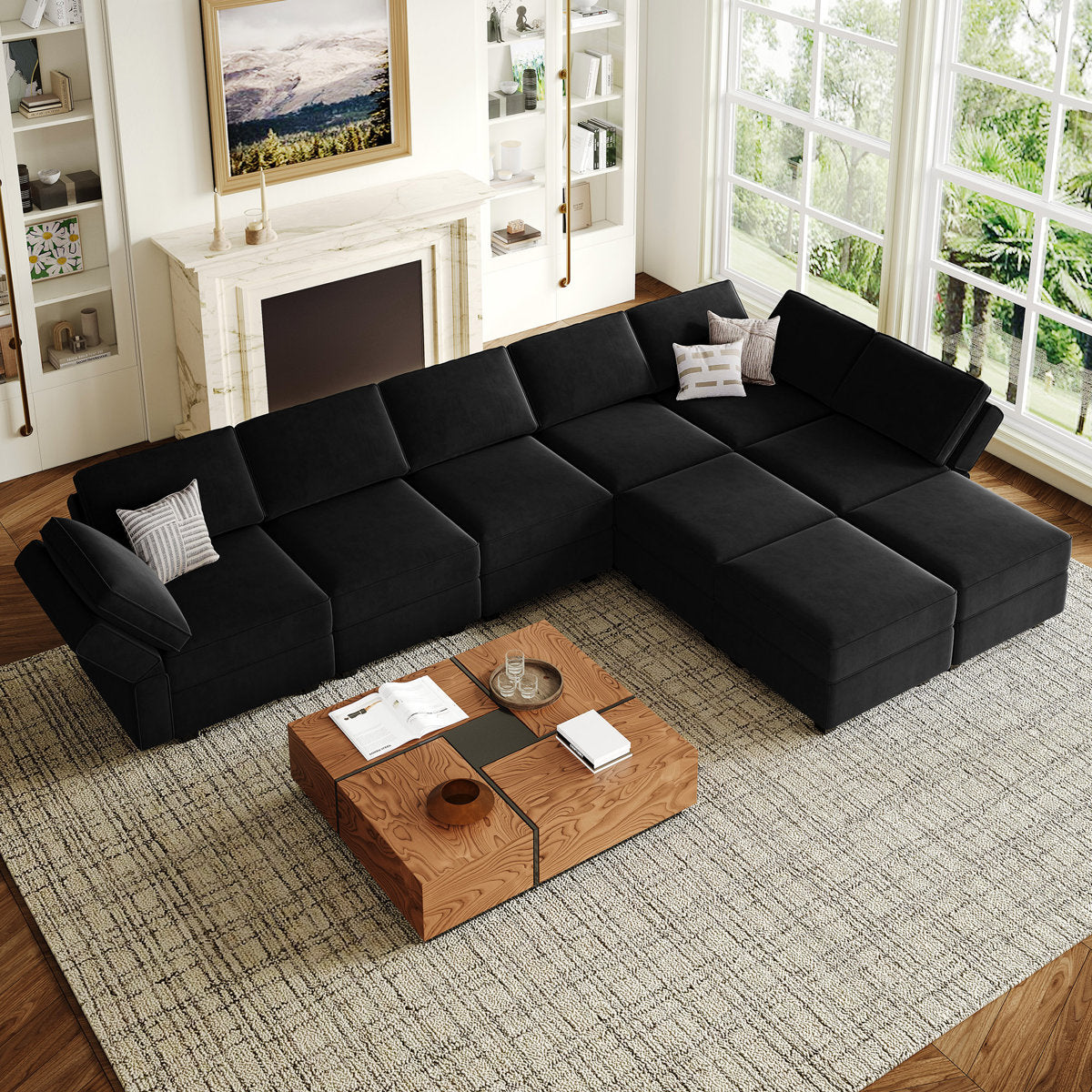 Wylodene 9-Pieces Large L Shaped Velvet Reversible Modular Sofa Sectional Couch-9 Storage Ottomans with 8 Backrests