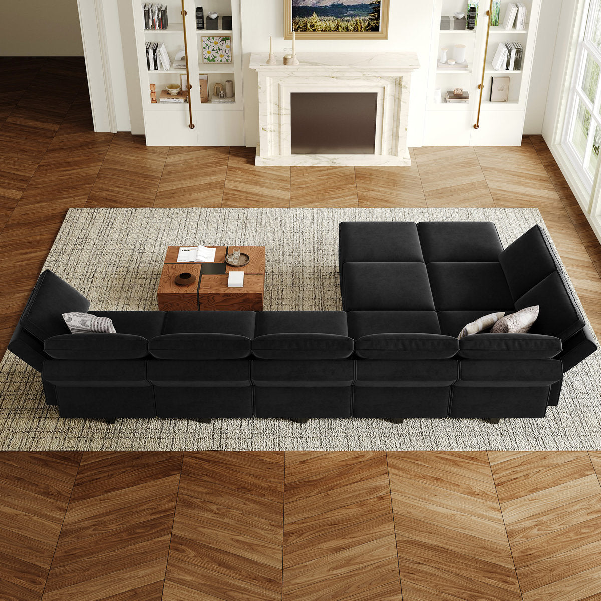 Wylodene 9-Pieces Large L Shaped Velvet Reversible Modular Sofa Sectional Couch-9 Storage Ottomans with 8 Backrests