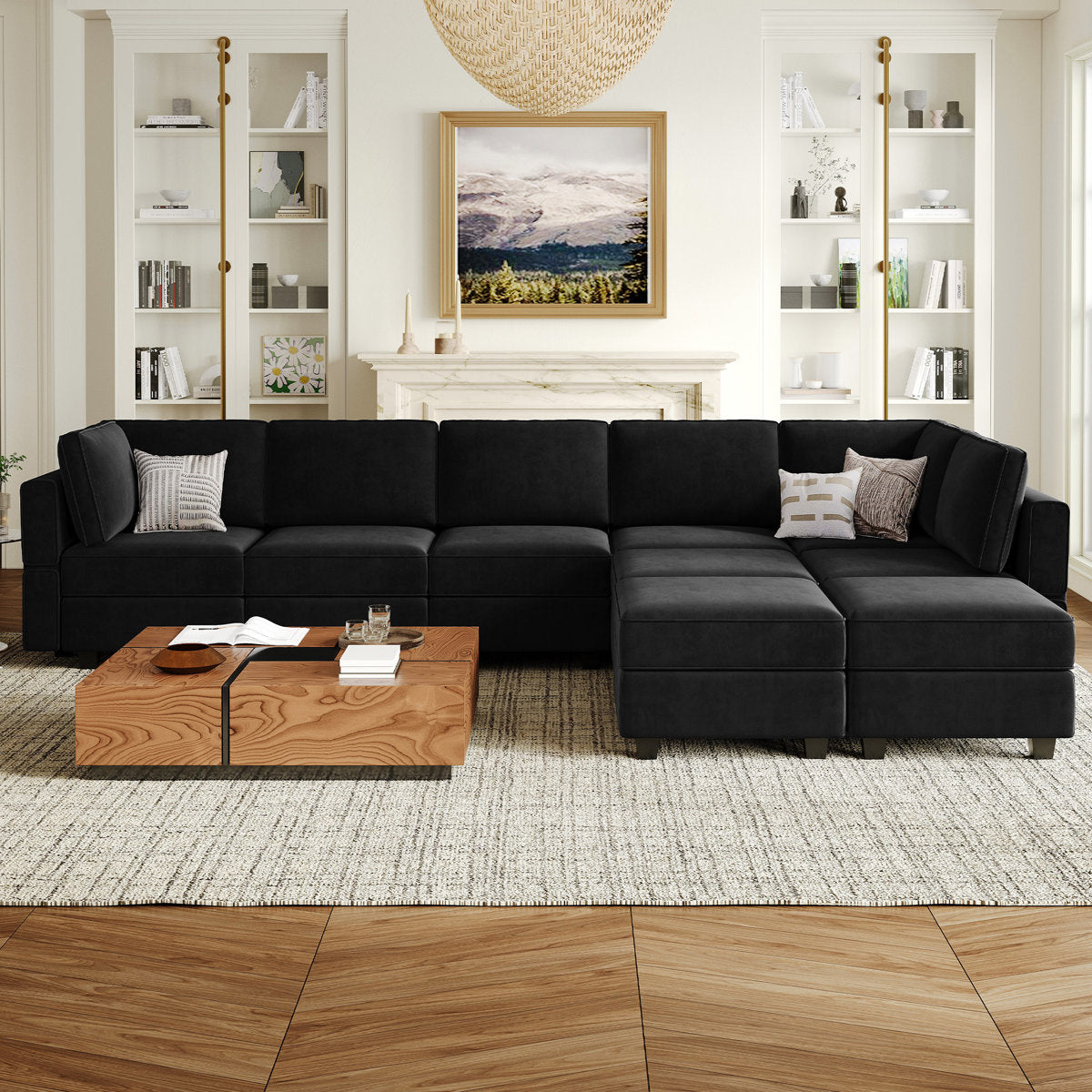 Wylodene 9-Pieces Large L Shaped Velvet Reversible Modular Sofa Sectional Couch-9 Storage Ottomans with 8 Backrests