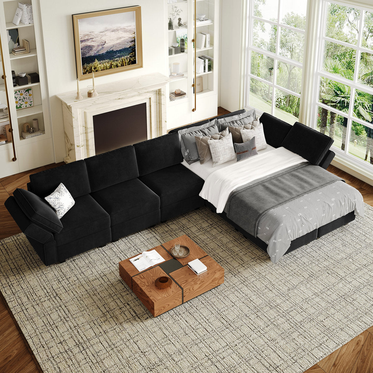 Wylodene 9-Pieces Large L Shaped Velvet Reversible Modular Sofa Sectional Couch-9 Storage Ottomans with 8 Backrests