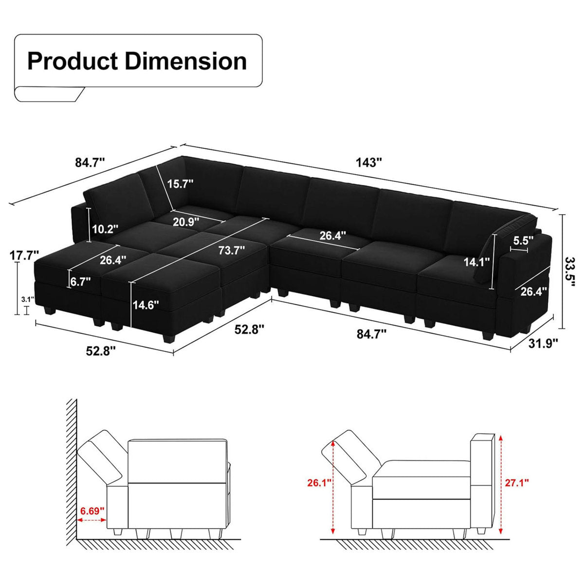 Wylodene 9-Pieces Large L Shaped Velvet Reversible Modular Sofa Sectional Couch-9 Storage Ottomans with 8 Backrests