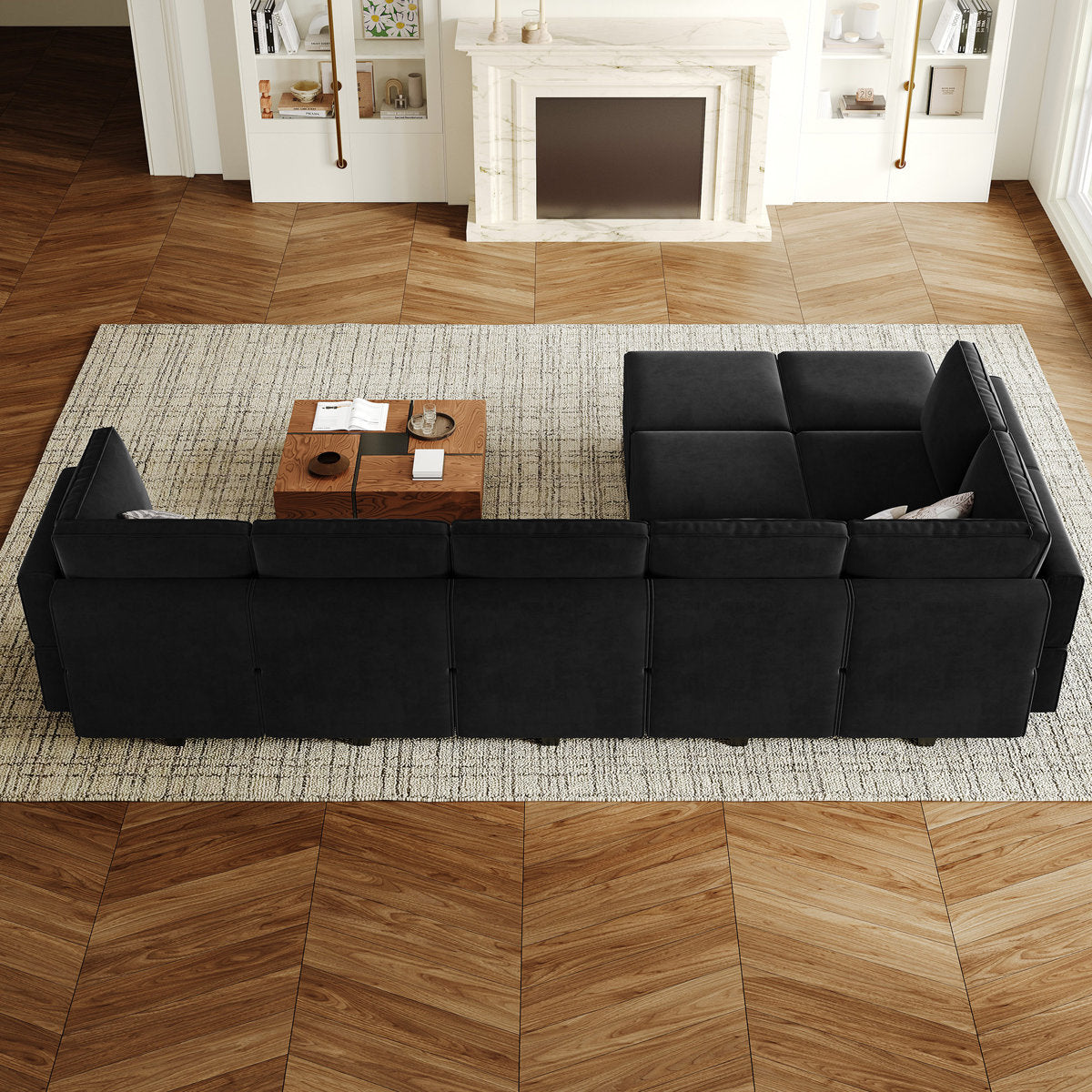 Wylodene 9-Pieces Large L Shaped Velvet Reversible Modular Sofa Sectional Couch-9 Storage Ottomans with 8 Backrests