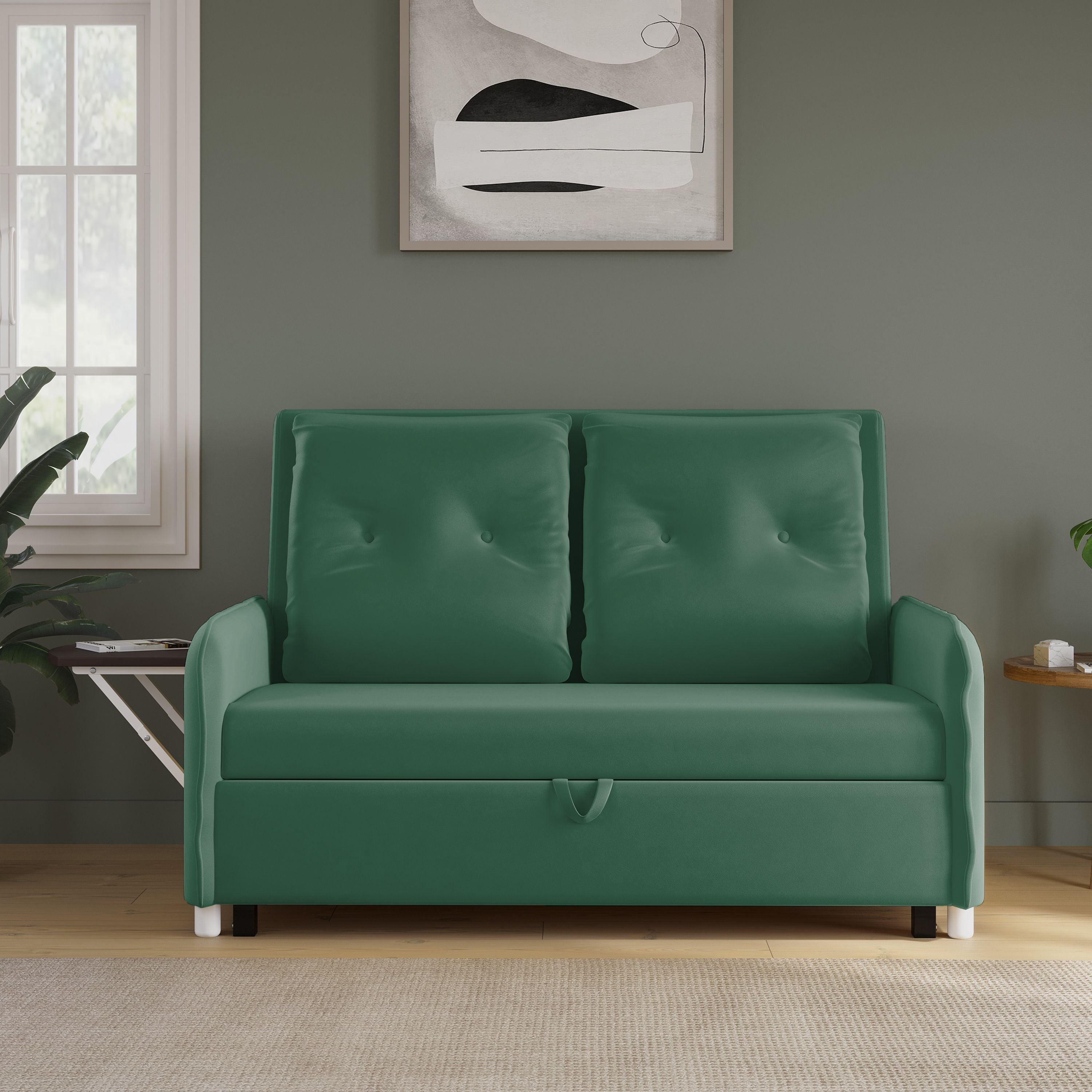 3 Seater Double Solid Wood Pull Out Sofa Cum Bed (Finish Color - GREEN Delivery Condition - DIY(Do-It-Yourself))