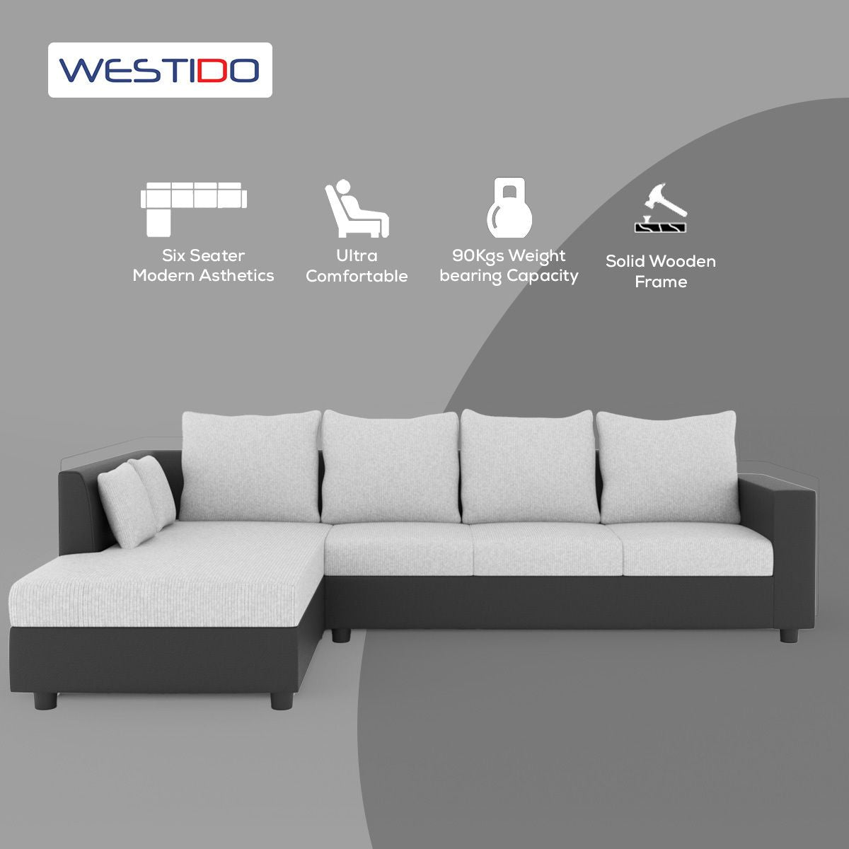 WESTIDO Leatherette 6 Seater  Sofa (Finish Color - Black Grey, DIY(Do-It-Yourself))
