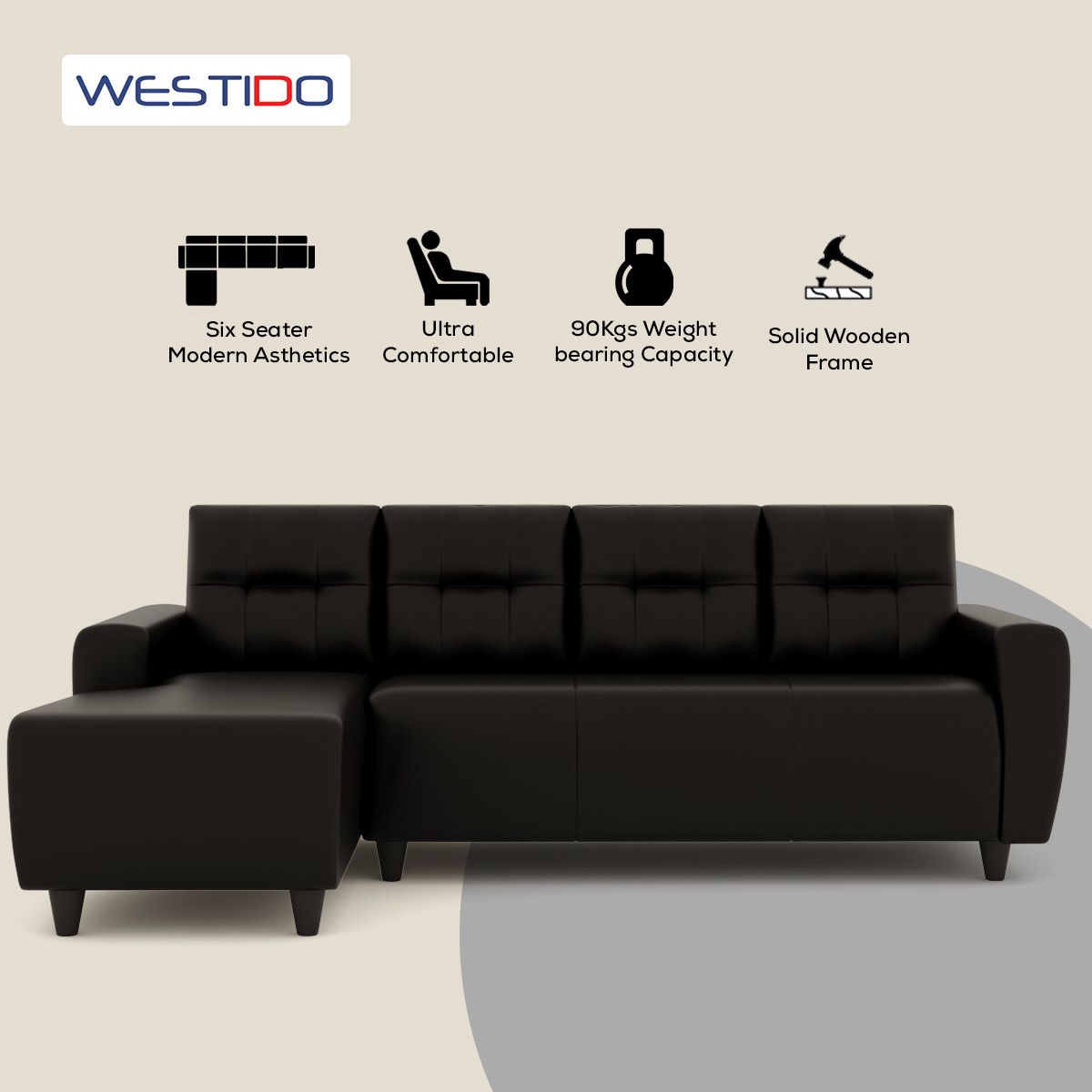 WESTIDO Cyrus Leatherette 6 Seater  Sofa (Finish Color - Black, DIY(Do-It-Yourself))
