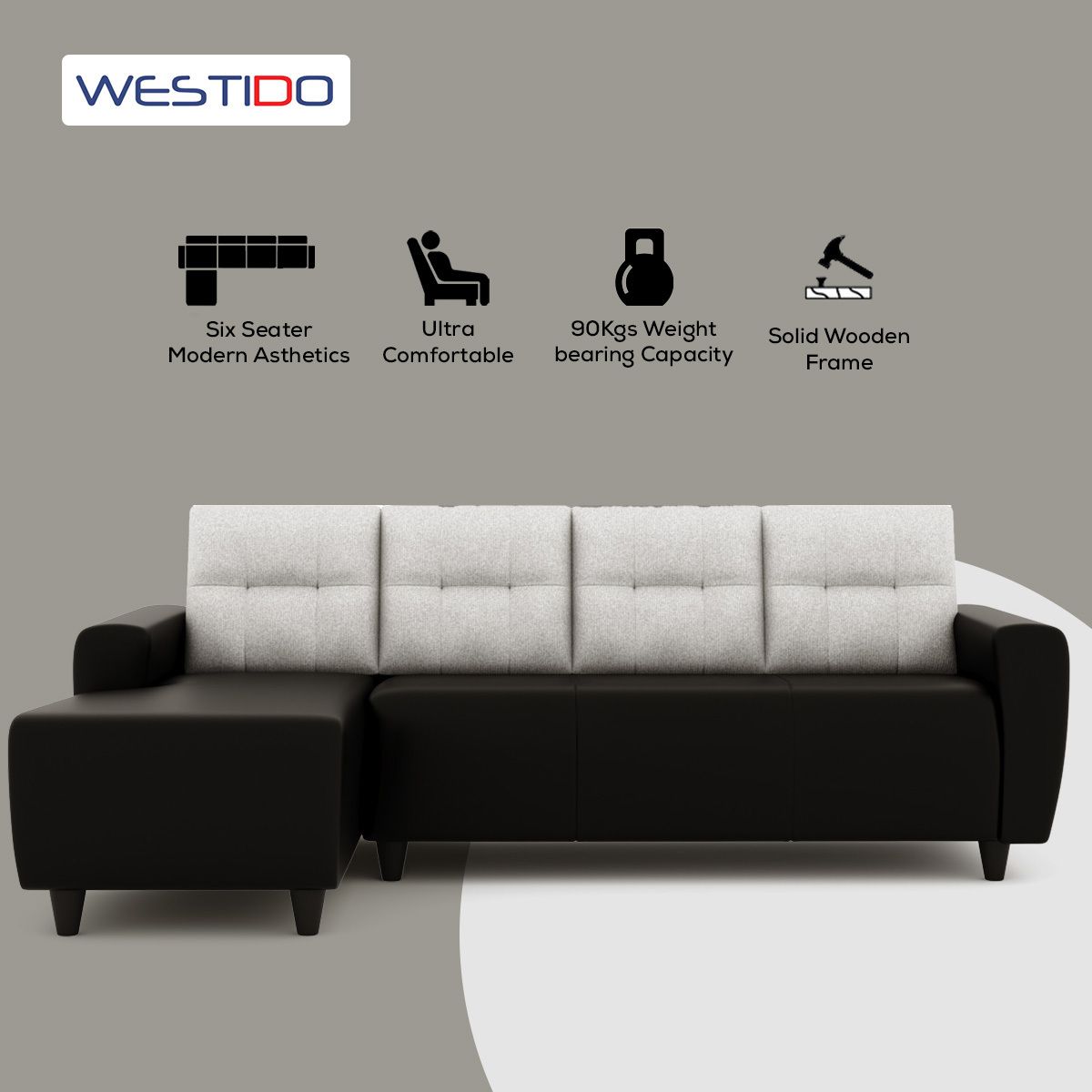 WESTIDO Cysrus Leatherette 6 Seater  Sofa (Finish Color - Black Grey, DIY(Do-It-Yourself))