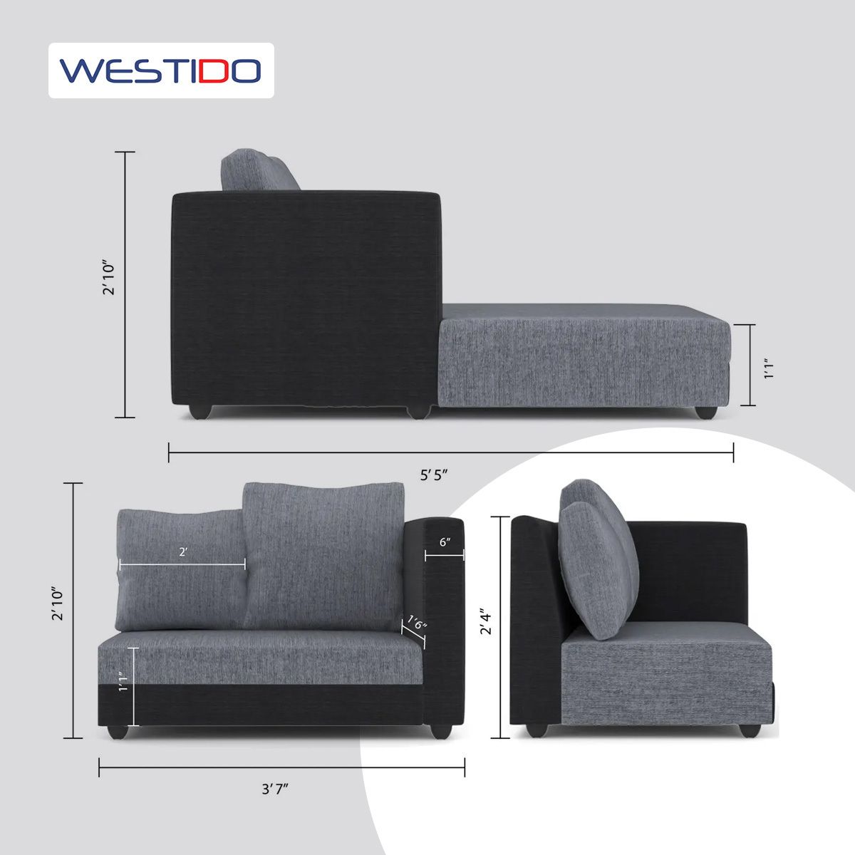 WESTIDO Gundoldo Fabric 5 Seater  Sofa (Finish Color - Grey Black, DIY(Do-It-Yourself))