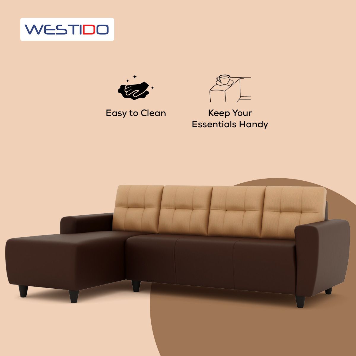 WESTIDO Emporio Cream Fabric Brown Leatherette 6 Seater  Sofa (Finish Color - Cream Brown, DIY(Do-It-Yourself))