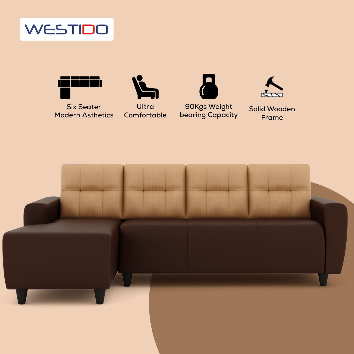 WESTIDO Emporio Cream Fabric Brown Leatherette 6 Seater  Sofa (Finish Color - Cream Brown, DIY(Do-It-Yourself))