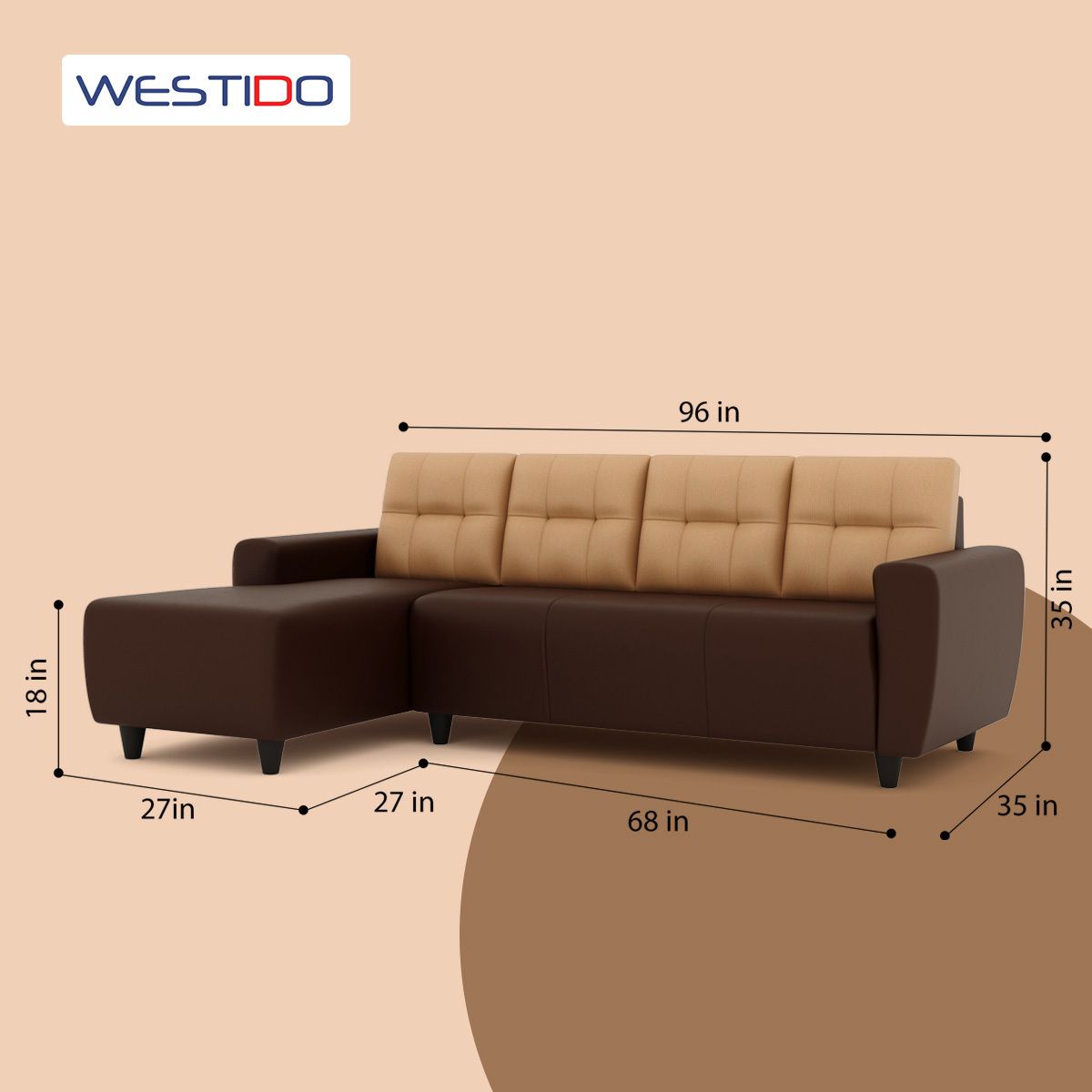 WESTIDO Emporio Cream Fabric Brown Leatherette 6 Seater  Sofa (Finish Color - Cream Brown, DIY(Do-It-Yourself))