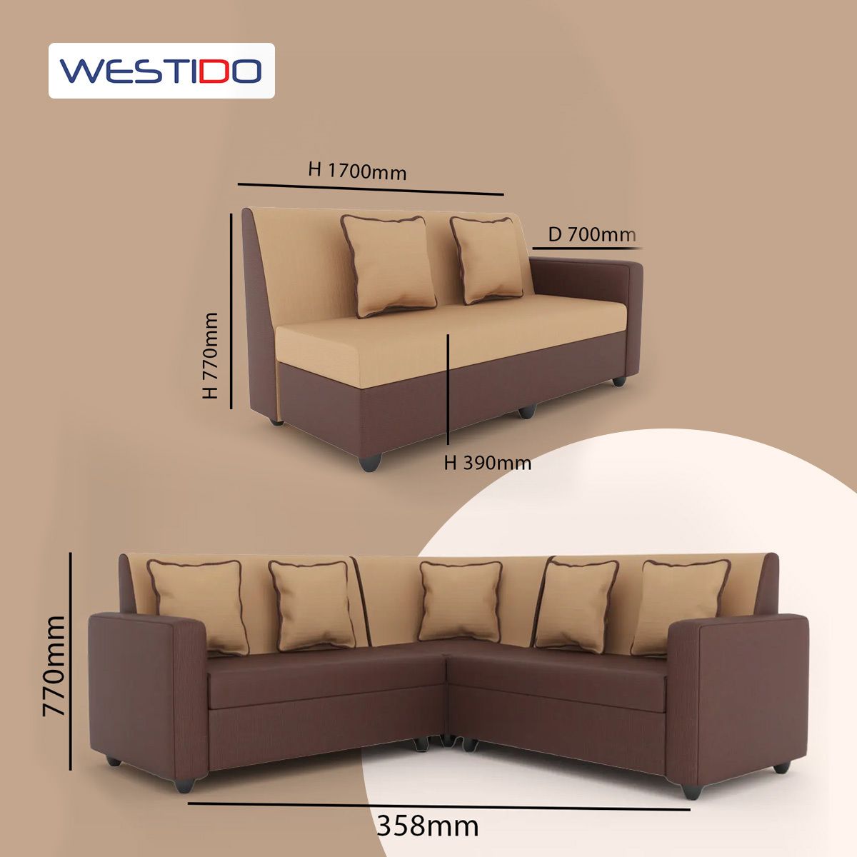 WESTIDO Berger Fabric 6 Seater  Sofa (Finish Color - Creame Brown, DIY(Do-It-Yourself))