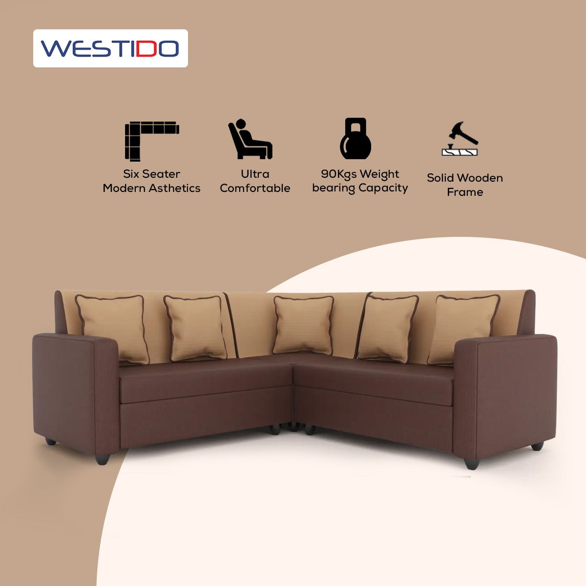 WESTIDO Berger Fabric 6 Seater  Sofa (Finish Color - Creame Brown, DIY(Do-It-Yourself))