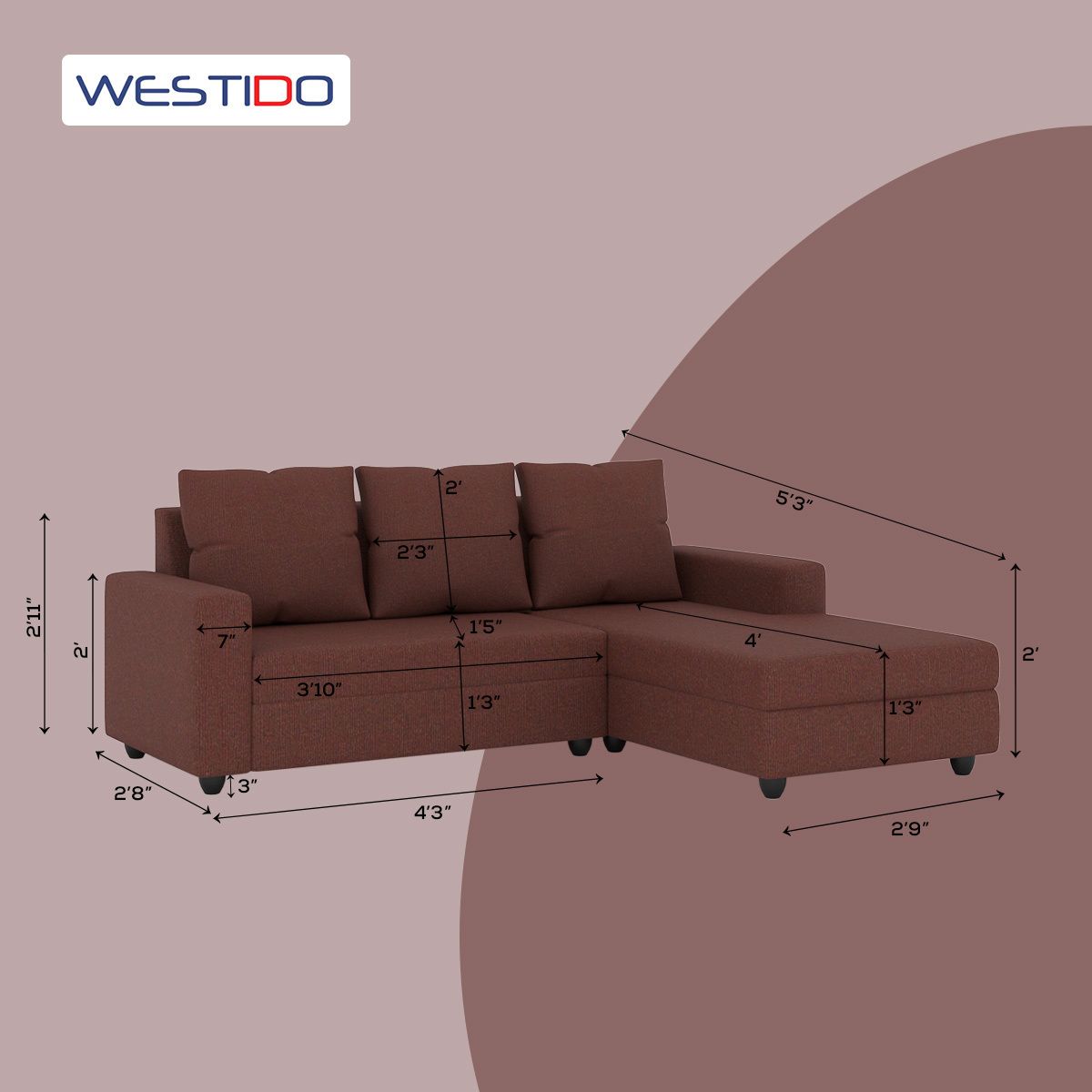 WESTIDO Amrind Fabric 5 Seater  Sofa (Finish Color - Brown, DIY(Do-It-Yourself))