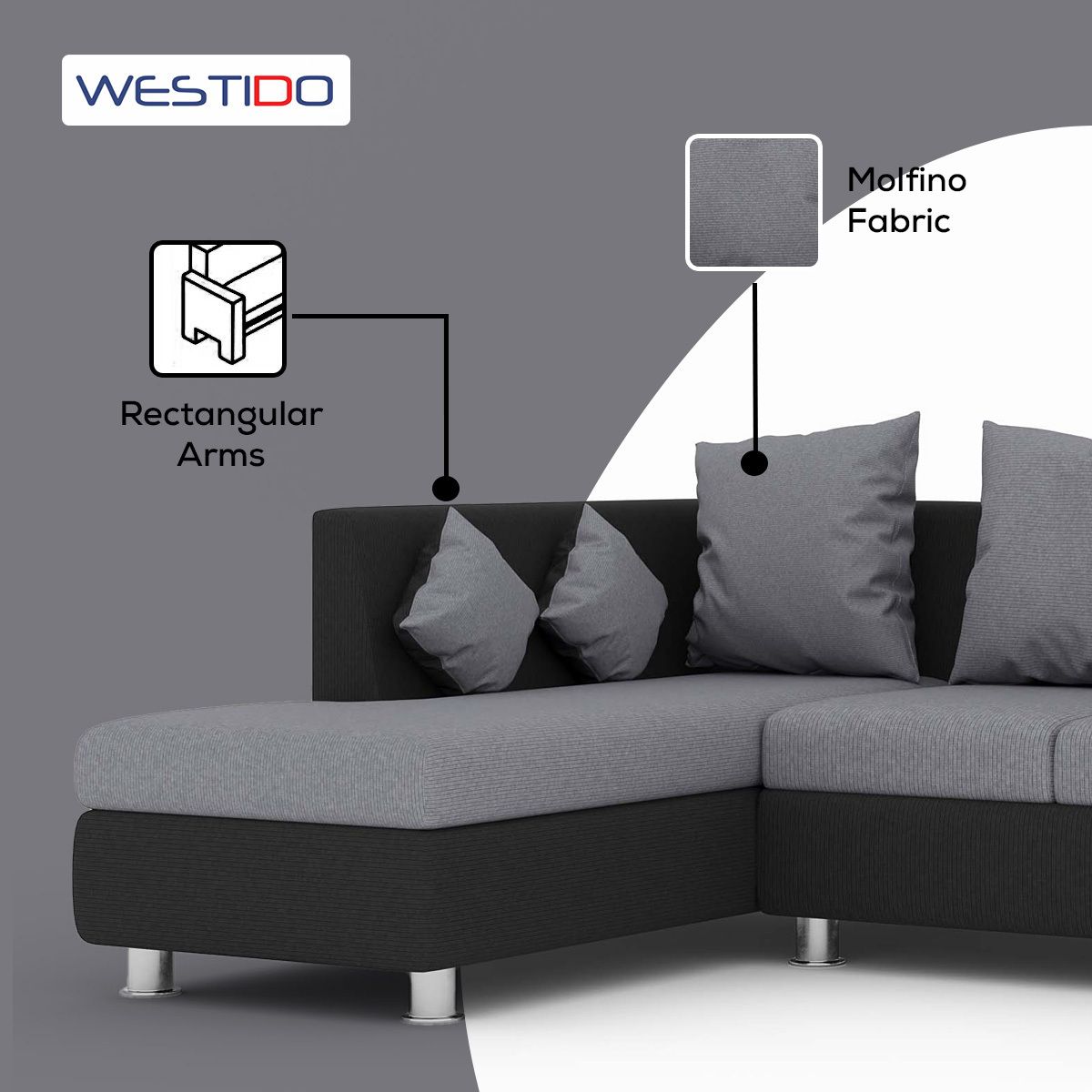 WESTIDO Neptune Fabric 6 Seater  Sofa (Finish Color - Grey Black, DIY(Do-It-Yourself))
