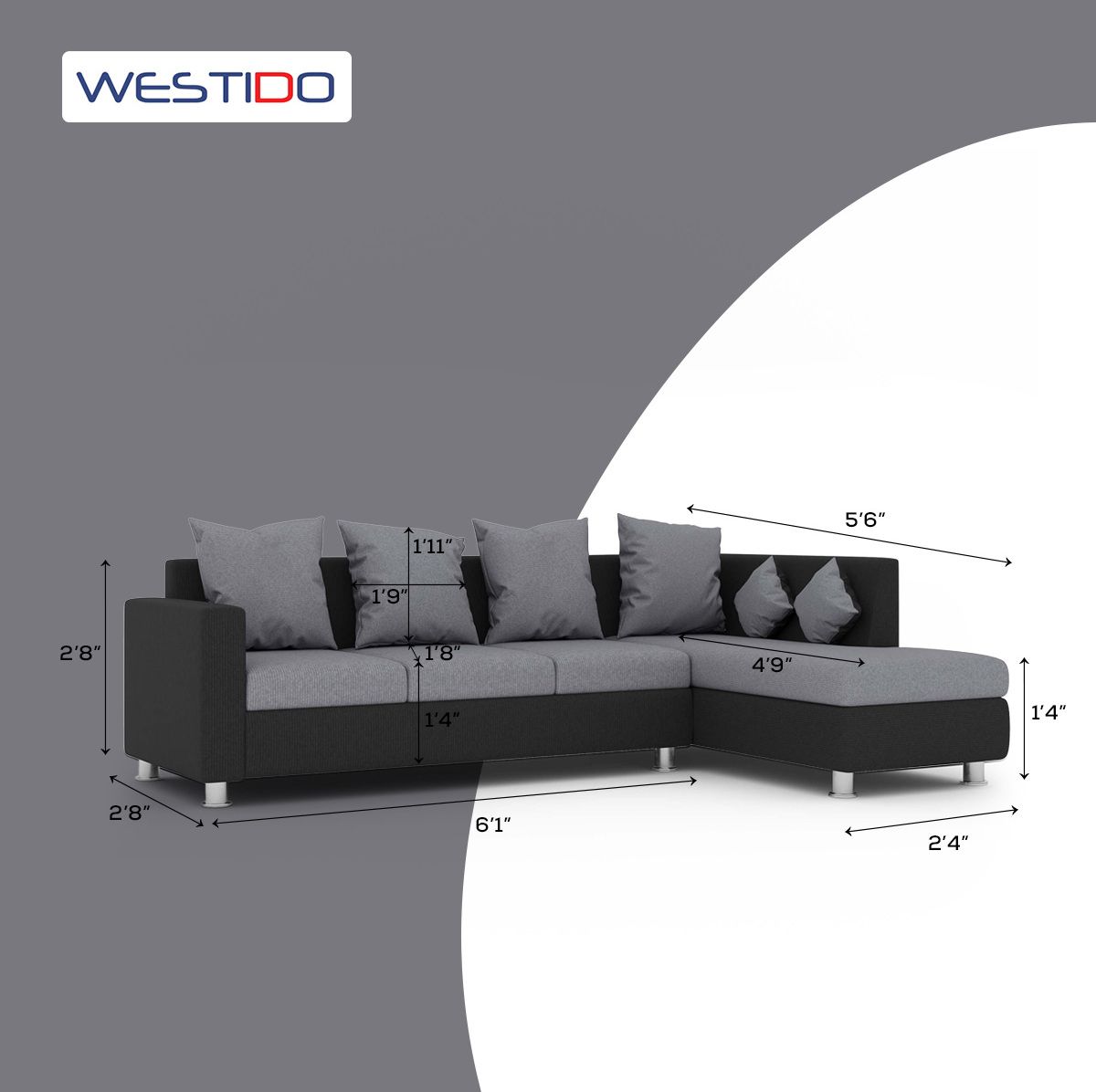 WESTIDO Neptune Fabric 6 Seater  Sofa (Finish Color - Grey Black, DIY(Do-It-Yourself))