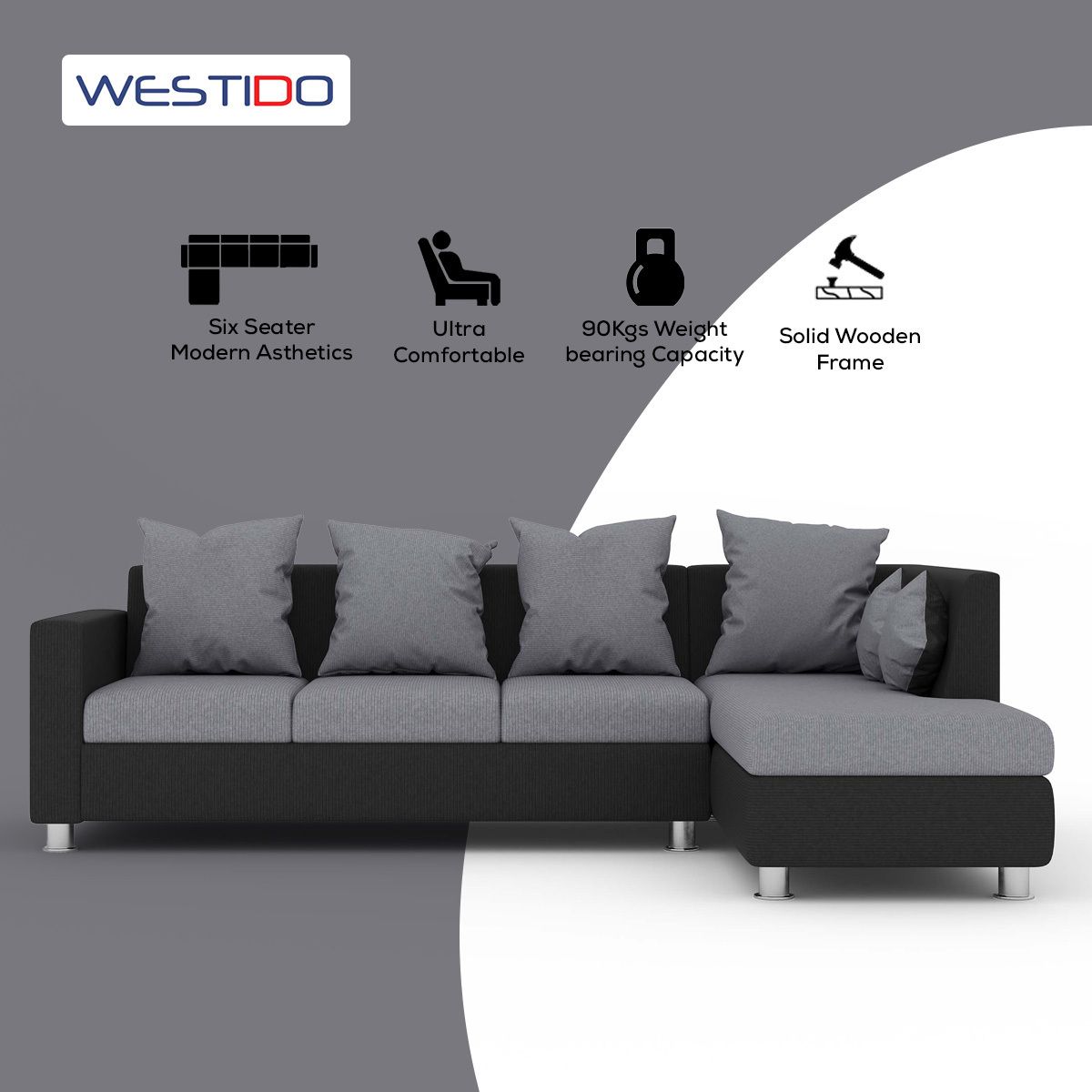 WESTIDO Neptune Fabric 6 Seater  Sofa (Finish Color - Grey Black, DIY(Do-It-Yourself))