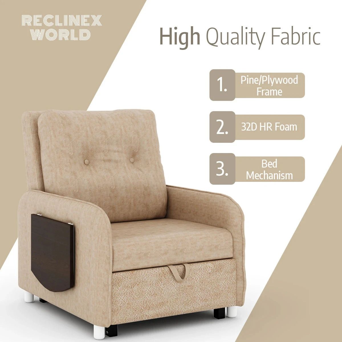 MULTI UTILITY CHAIR 1 Seater Single Solid Wood Pull Out Sofa Cum Bed (Finish Color - Beige Delivery Condition - DIY(Do-It-Yourself))