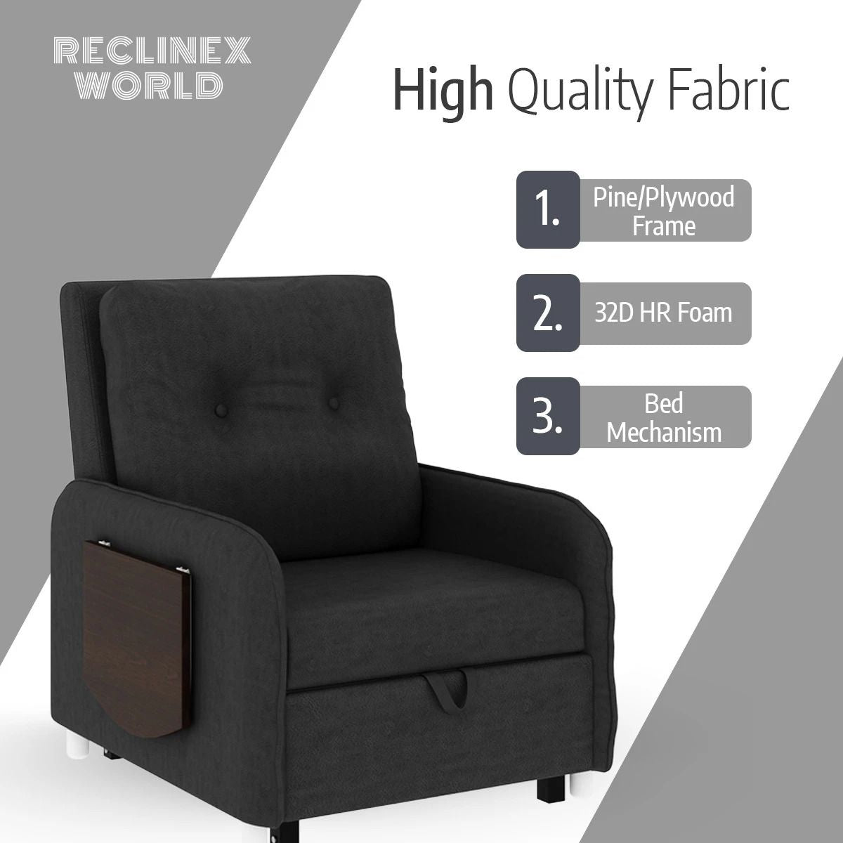 1 Seater Single Solid Wood Pull Out Sofa Cum Bed (Finish Color - Dark grey Delivery Condition - Knock Down)