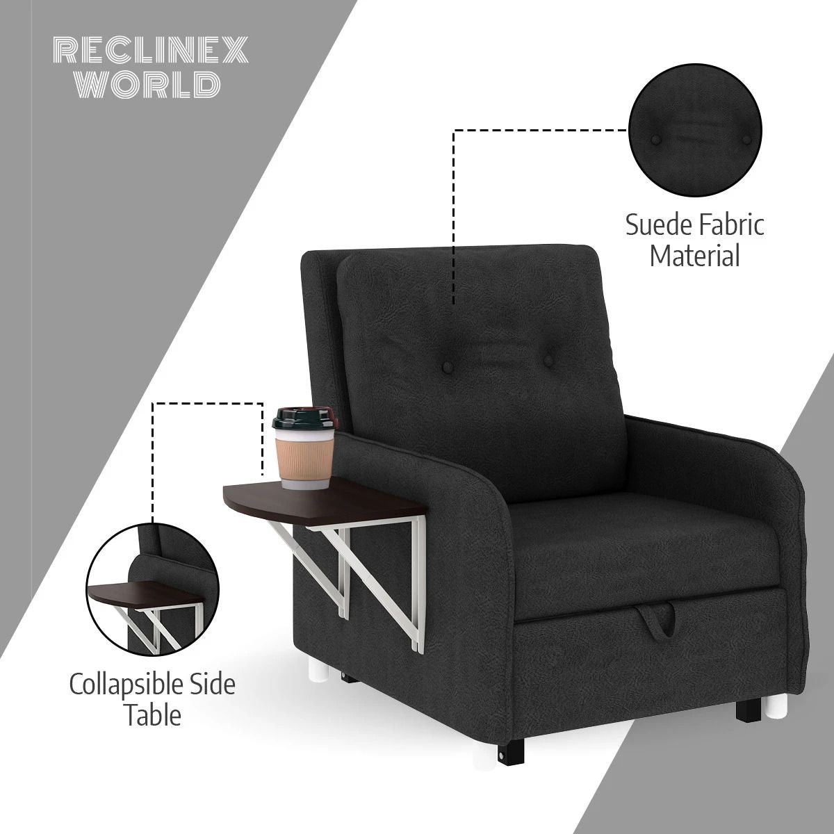 1 Seater Single Solid Wood Pull Out Sofa Cum Bed (Finish Color - Dark grey Delivery Condition - Knock Down)