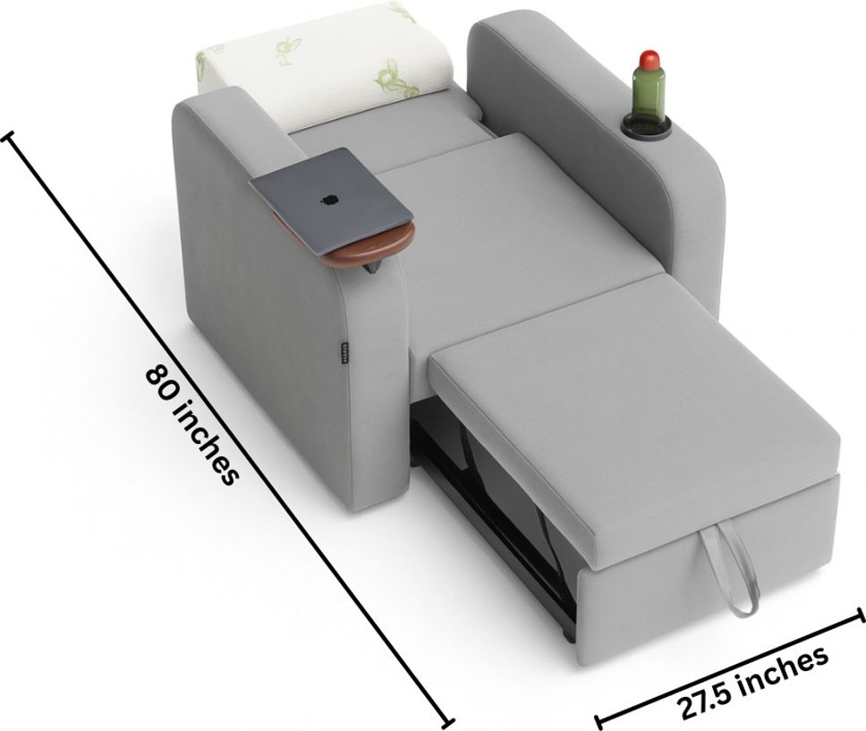 1 Seater Single Solid Wood Pull Out Sofa Cum Bed (Finish Color - grey Delivery Condition - Knock Down)