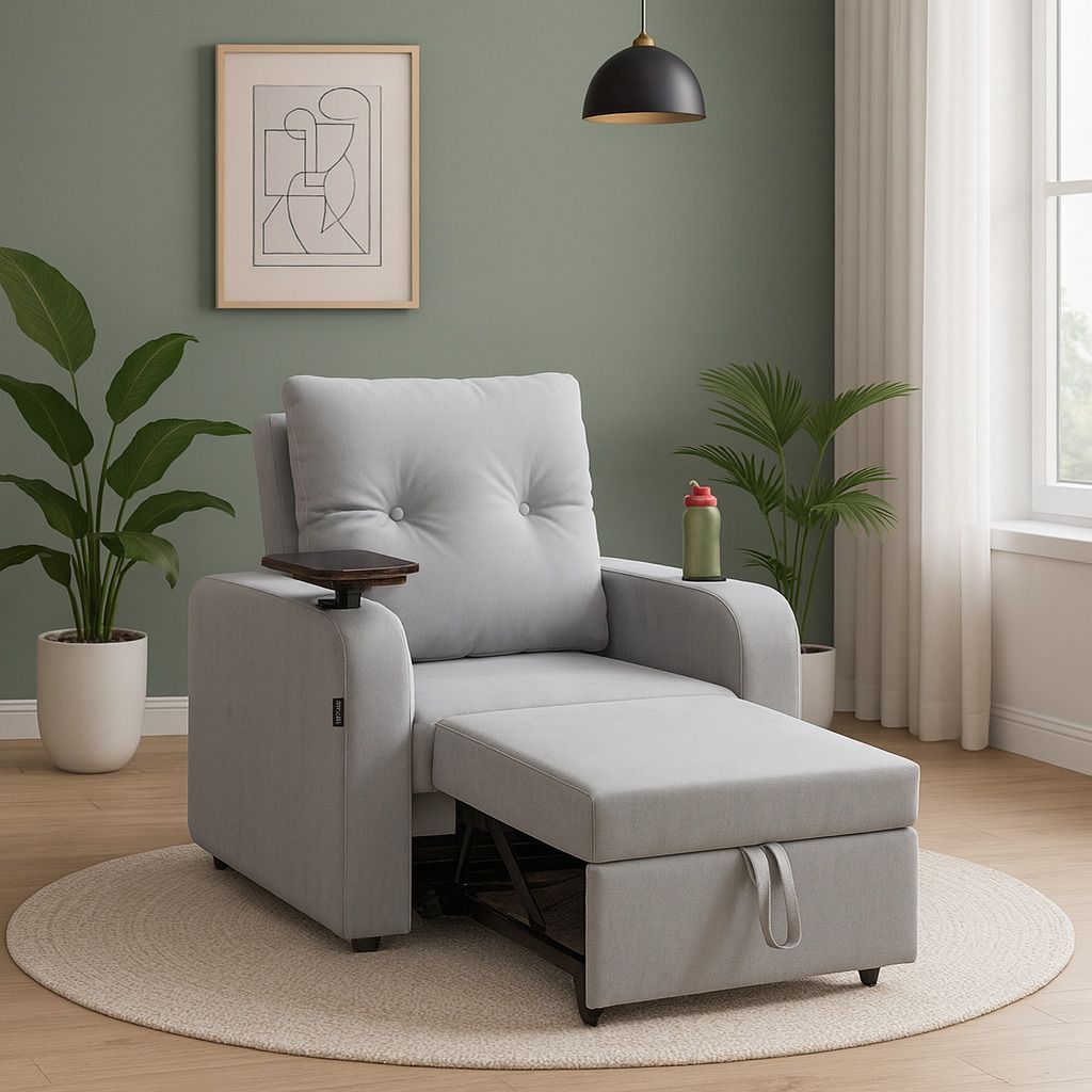 1 Seater Single Solid Wood Pull Out Sofa Cum Bed (Finish Color - grey Delivery Condition - Knock Down)