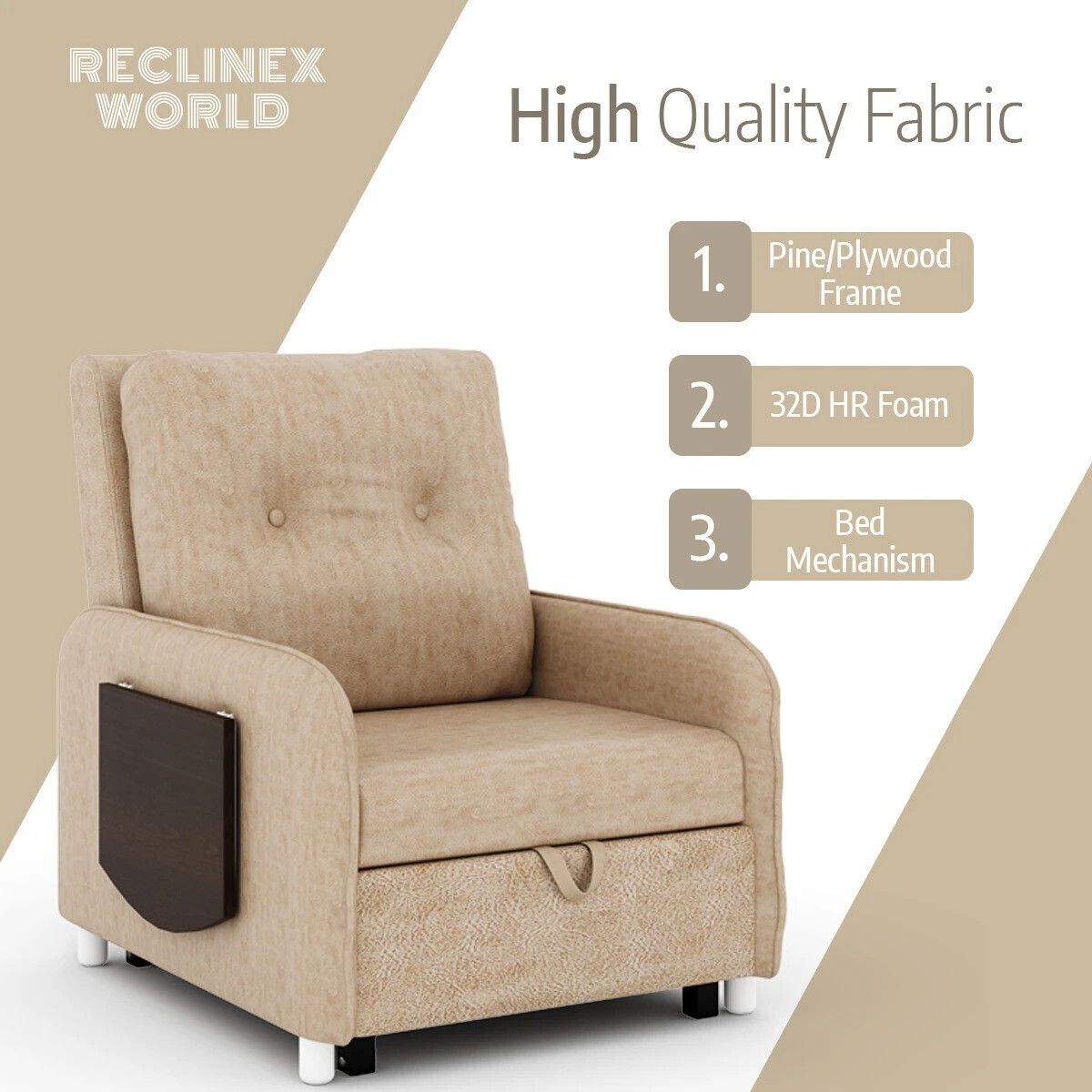 1 Seater Single Solid Wood Pull Out Sofa Cum Bed (Finish Color - Beige Delivery Condition - DIY(Do-It-Yourself))