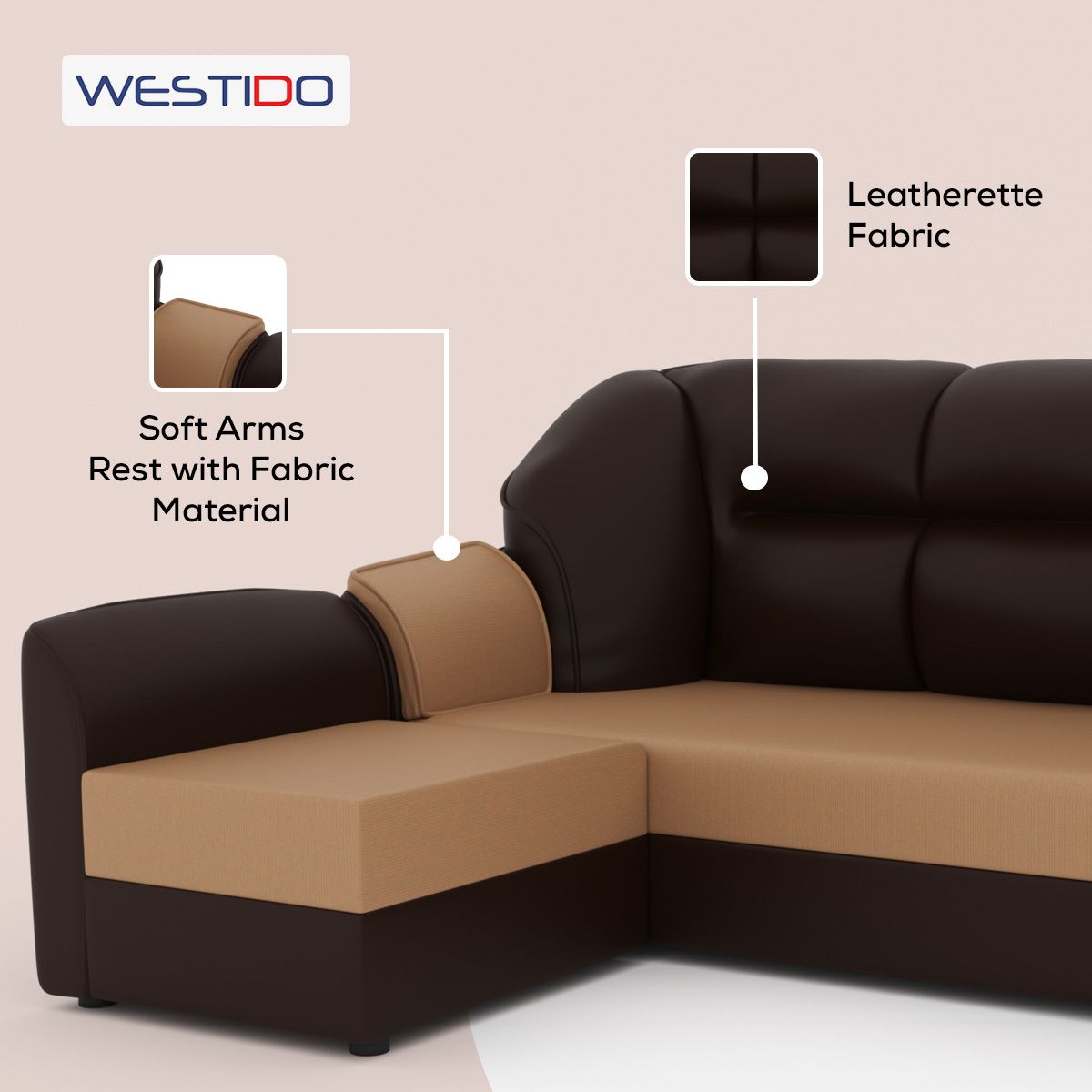 WESTIDO Leatherette 5 Seater  Sofa (Finish Color - Cream Brown, DIY(Do-It-Yourself))