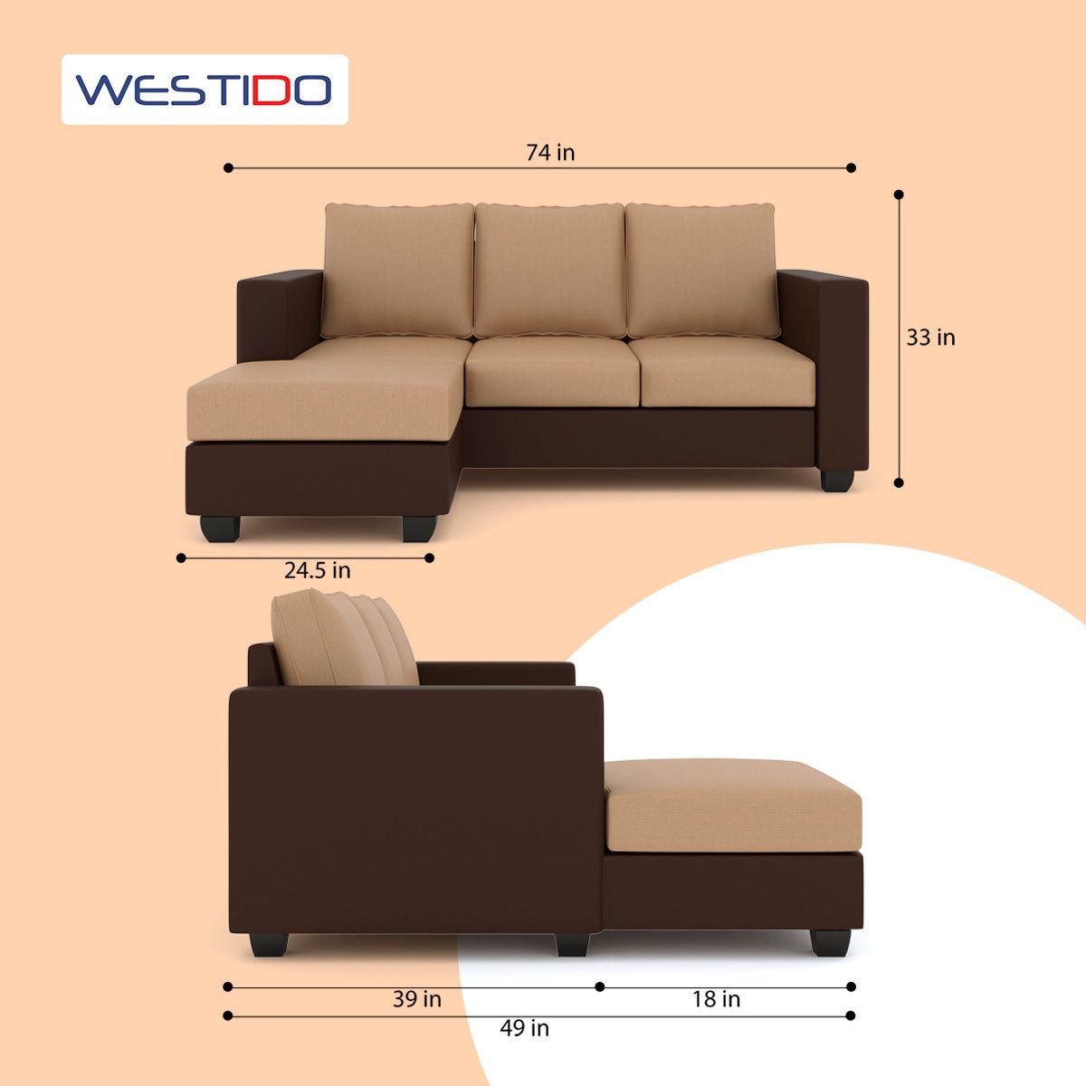 WESTIDO Leatherette 4 Seater  Sofa (Finish Color - Cream Brown, DIY(Do-It-Yourself))