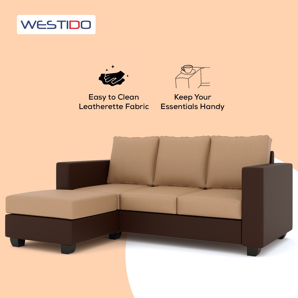 WESTIDO Leatherette 4 Seater  Sofa (Finish Color - Cream Brown, DIY(Do-It-Yourself))