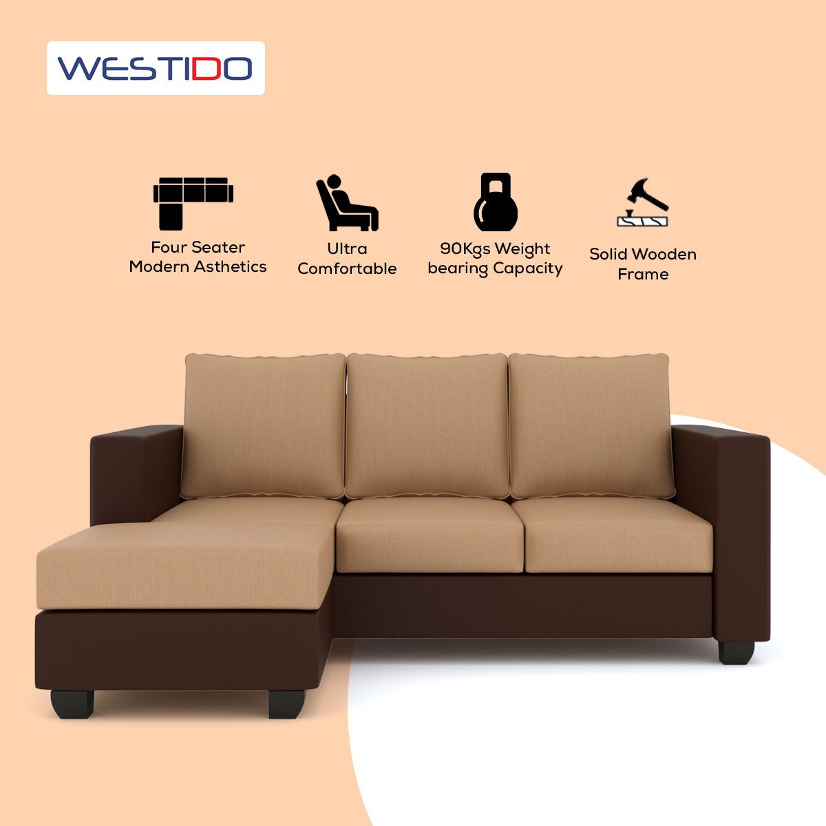 WESTIDO Leatherette 4 Seater  Sofa (Finish Color - Cream Brown, DIY(Do-It-Yourself))