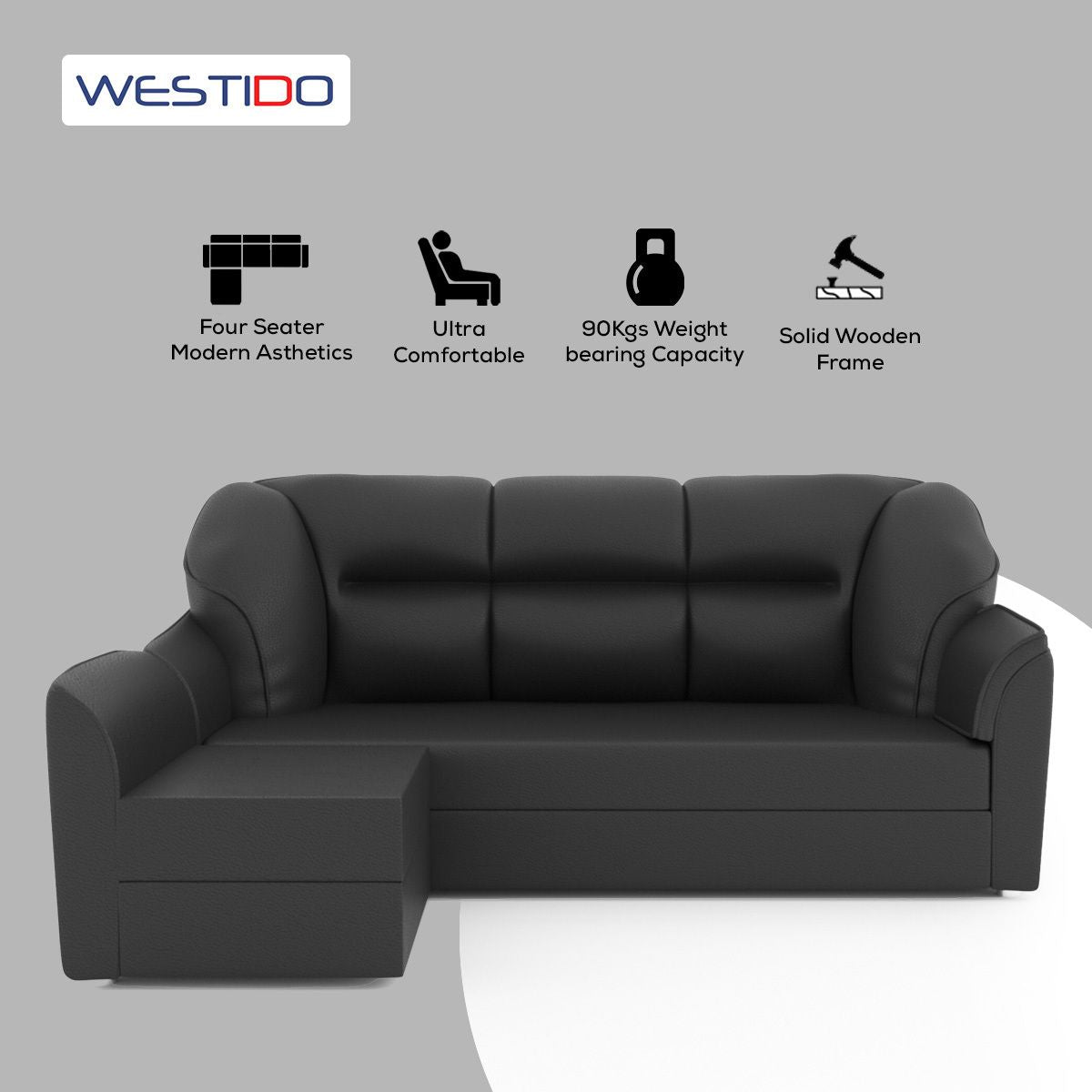 WESTIDO Leatherette 4 Seater  Sofa (Finish Color - Black, DIY(Do-It-Yourself))