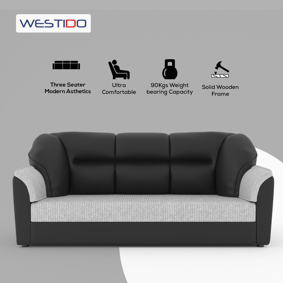 WESTIDO Cyrus Leatherette 3 Seater  Sofa (Finish Color - Black Grey, DIY(Do-It-Yourself))