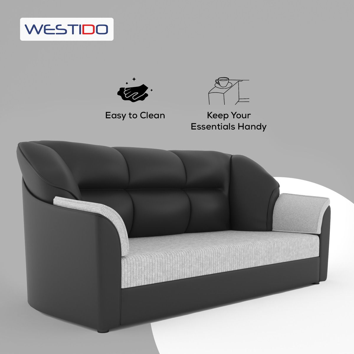 WESTIDO Cyrus Leatherette 3 Seater  Sofa (Finish Color - Black Grey, DIY(Do-It-Yourself))