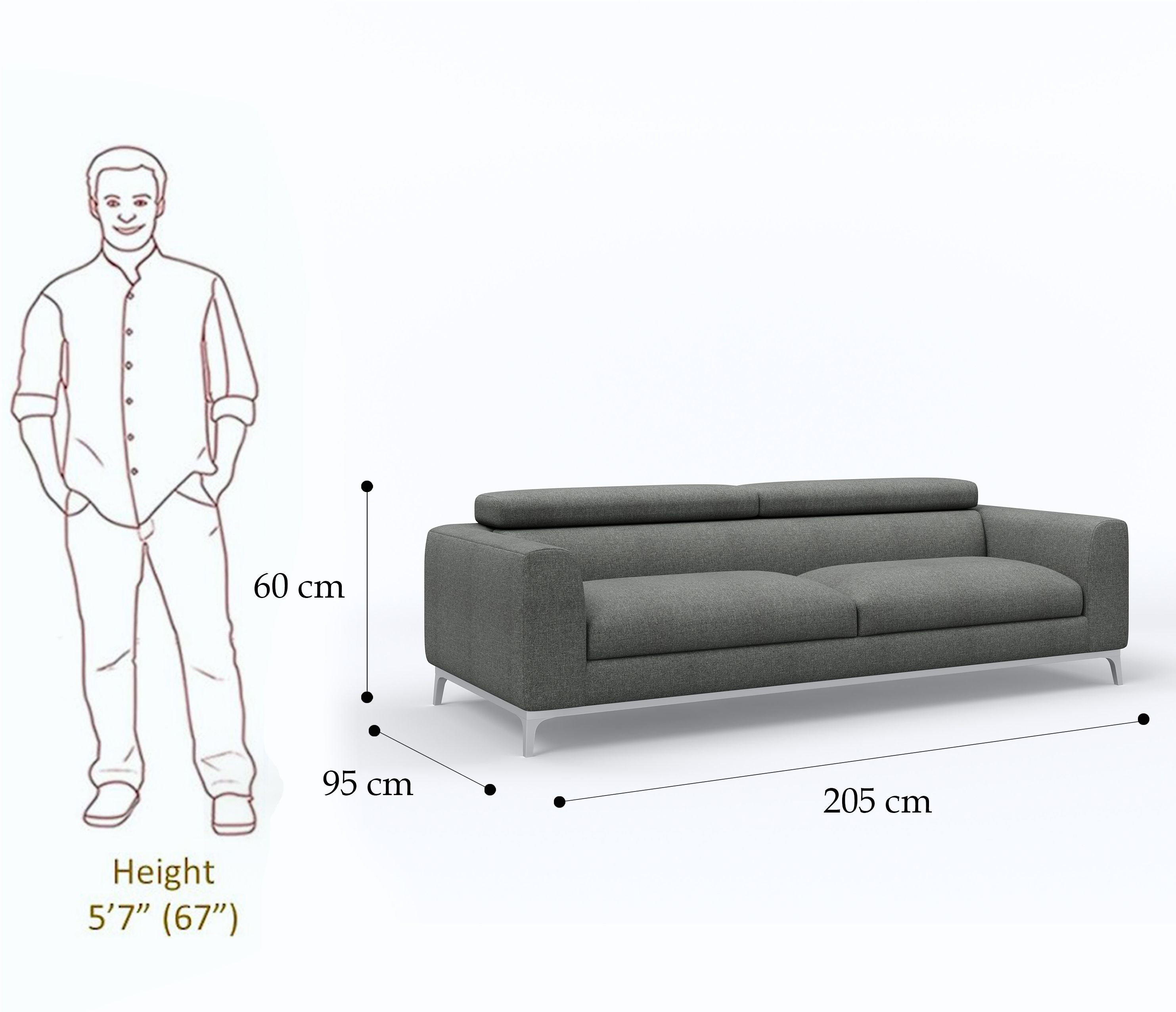 WESTIDO Tuxedo Fabric 3 Seater  Sofa (Finish Color - GREY, DIY(Do-It-Yourself))